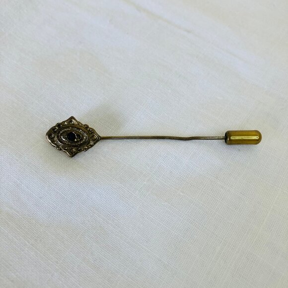 Gold Tone Stick Pin with Black Rhinestone Vintage Lapel Scarf Tie Brooch - Picture 7 of 9